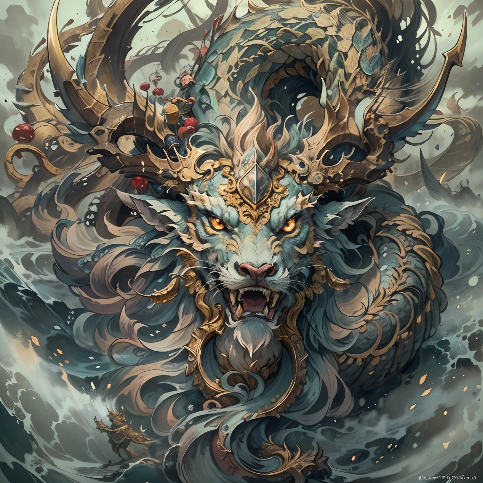 (Best quality,8K,A high resolution,Masterpiece:1.2),Ultra-detailed,(Realistic,Photorealistic,photo-realistic:1.37),Ancient beasts from hell，Chinese mythology，Mountain and Sea Sutra，the mountains and the sea,Ancient legends,mythological creatures,Sparkling golden scales,deer antlers,mane hair,Sharp claws,beast of prey，buck teeth，sparkling big eyes， Intricate fantasy ink painting, Detailed fantasy ink illustration, fantasy highly detailed, beautiful detailed fantasy, magic fantasy highly detailed, highly detailed fantasy art, epic rivendell fantasy, japanese fantasy, detailed fantasy digital art, Chinese fantasy, detailed fantasy art,
