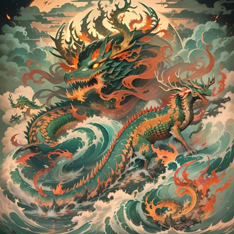 Mountain and Sea Sutra，《《The Great Desolation Sutra》》，Ancient legends，oriental mythology，Colorful magic，Ferocious scaly monster，Hell Demon，Golden scales，deer antlers，mane hair，Dragon whiskers，Claws，红眼闪✨发光
