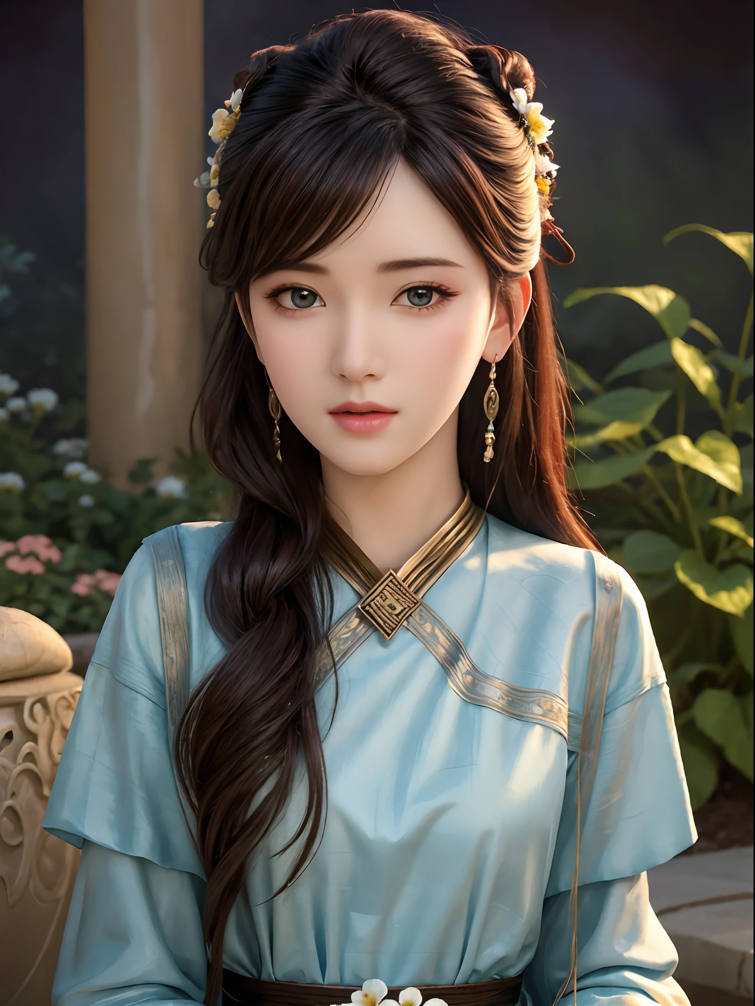 girl's eyes, girl's nose, girl's lips, snake's body, garden background, realistic style, vibrant colors, soft lighting, high resolution, detailed textures, girl's long hair, snake's scales, girl's dress, beautiful flowers, serene atmosphere, girl's delicate features