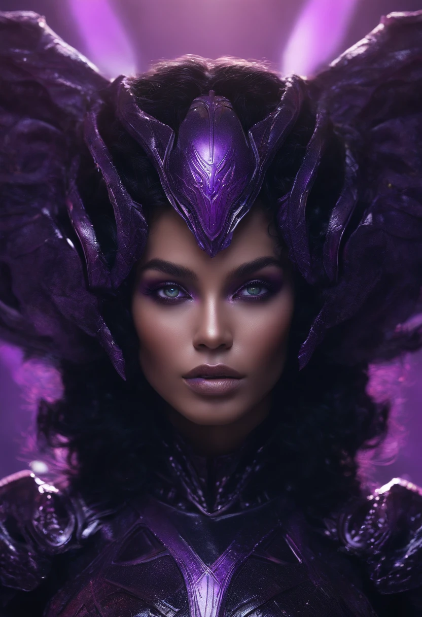 a woman with wavy black hair and purple eyes, black alien armor, freckles, blush, eyeshadow, cute face