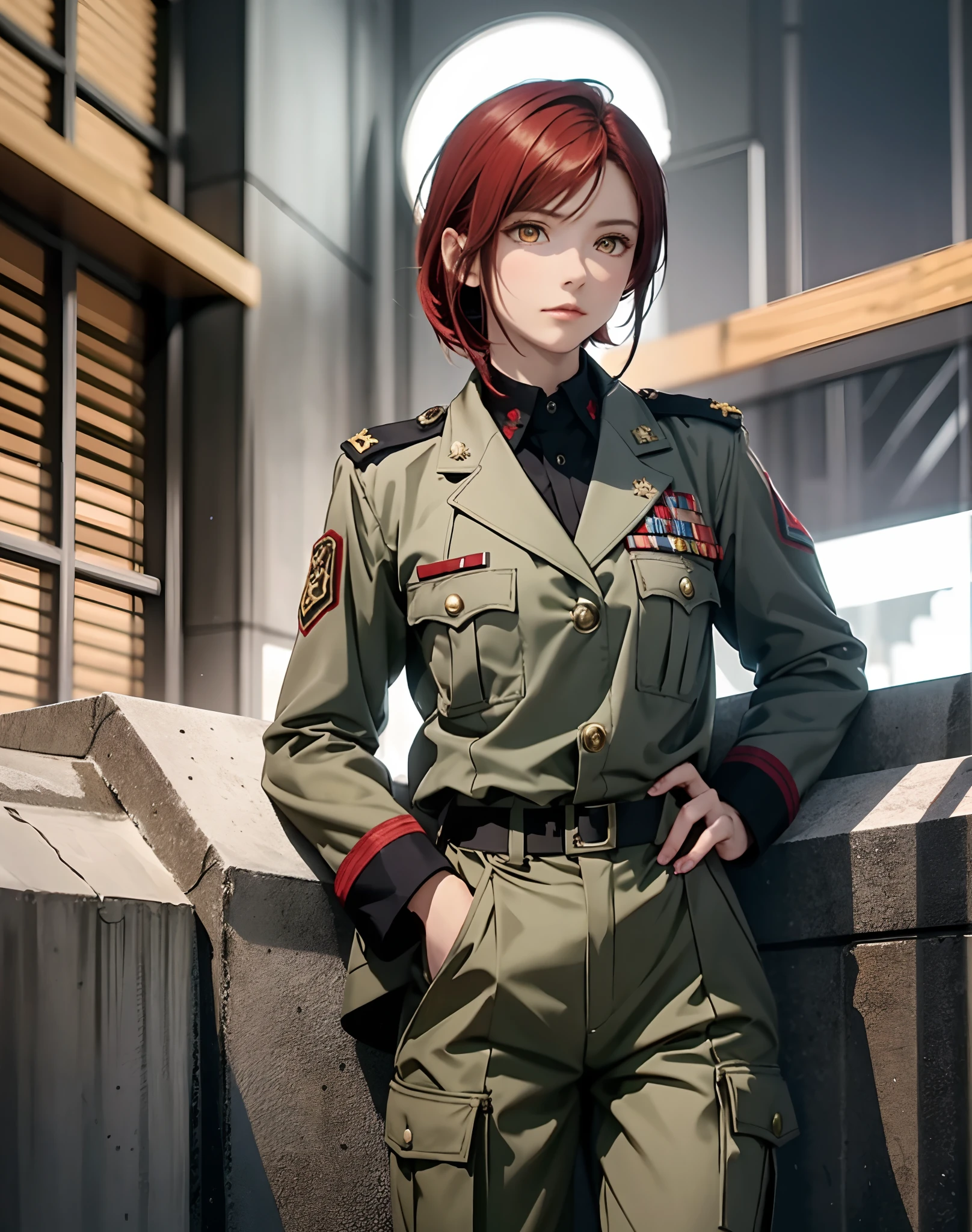 (Top resolution, Distinct_image) excellent, masutepiece, high detailing, Semi-realistic, Discredited 2, a very beautiful woman, 独奏, Normal handsome stance, Short red hair, Golden Eyes, indifferent expression, 18 years old, young, Tall and strong , White and red military uniform, trouser, Military pants, Military boots, Military uniform, Military School, which are full of confidence, serious, High, cold and proud, Standing on a cliff, Overlooking