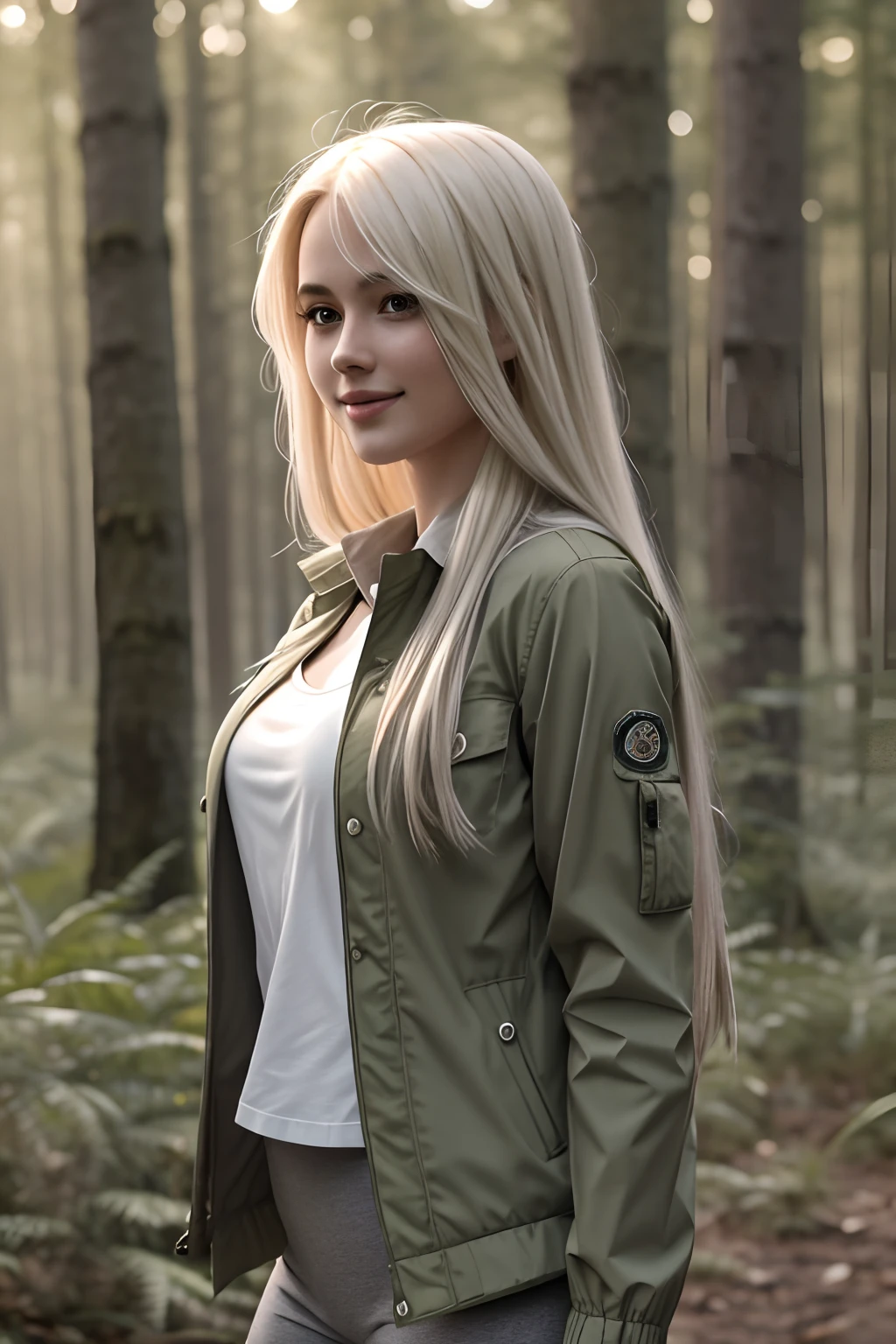 1girl in, age19, Solo, Aesthetic artwork, platinum blonde hair, long straight hair, detailed hair, full c cup breasts, c-cup, slender body, Full body, detailed skin texture, cute smile, side profile, exploring forest trail, wearing green khaki jacket, light green jacket, wearing white undershirt, gray leggings, faded grey pants, (extremely detailed 8k wallpaper), soft lighting, high quality, film grain, Fujifilm XT3 sharp focus, f 5.6, 50mm, High Detail, Sharp focus,(misty light), (seductive), Realistic, ultra realistic, photo realistic