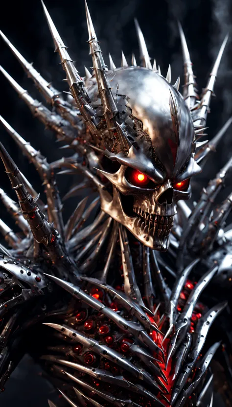 breathtaking cinematic science fiction photo,  shiny chrome metal skin, body full of long metal spikes, glowing red eyes, eyes deep in skull, multifaceted eyes, four long metallic arms, pointy sharp fingers,  extremely menacing creature, highly detailed, a...