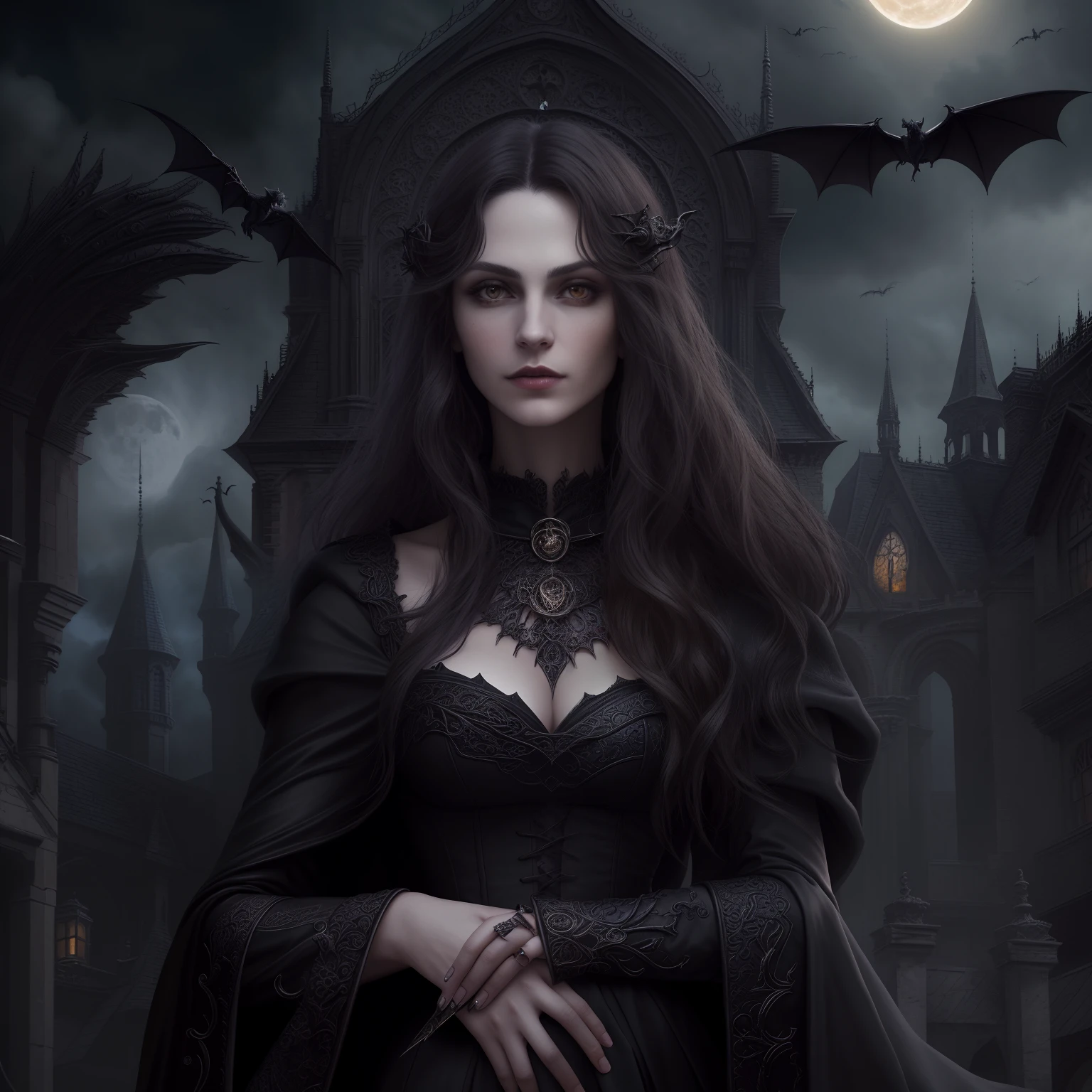 arafed, dark fantasy art, gothic art, (masterpiece:1.5), full body best details, highly detailed, best quality, highres, full body portrait of a vampire, elf (1.6, Masterpiece, best quality), ultra feminine (1.4 intricate details, Masterpiece, best quality) with a long curvy hair, dark color hair, red eyes (1.3 fantasy art, Masterpiece, best quality), ((beautiful delicate face)), Ultra Detailed Face (1.4 intricate details, fantasy art, Masterpiece, best quality), [visible vampiric fangs] (1.6 intricate details, fantasy art, Masterpiece, best quality), [anatomically correct] red cloak, flowing cloak (1.4 intricate details, fantasy art, Masterpiece, best quality), wearing an intricate leather black dress (1.4 intricate details, gothic art, Masterpiece, best quality), high heeled boots, urban background (intense details, beat details), fantasy, at night light, natural ,moon light, soft moon light, moon rays, clouds, gothic atmosphere, gothic street background, bats flying in backgrouns, soft light, dynamic light, [[anatomically correct]], high details, best quality, 8k, [ultra detailed], masterpiece, best quality, (extremely detailed), dynamic angle, ultra wide shot, RAW, photorealistic