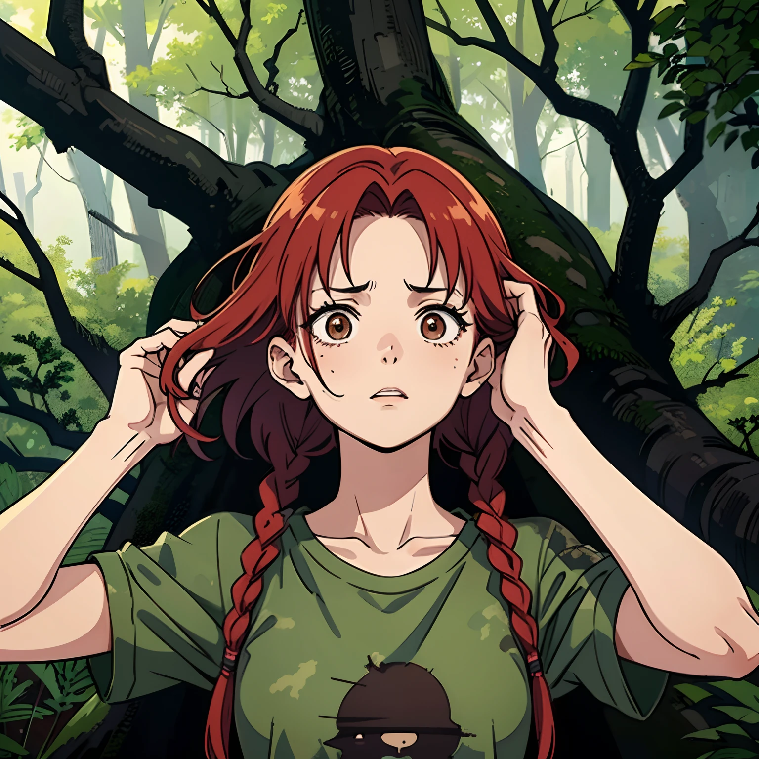 woman with red hair in two braids, brown eyes, camouflage t-shirt, with an expression of fear, surprise, tension, dread, background of burnt trees.