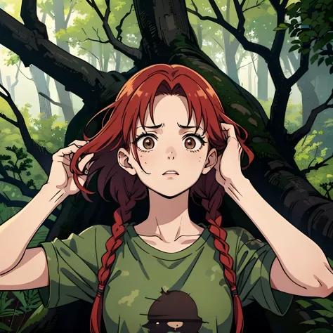 woman with red hair in two braids, brown eyes, camouflage t-shirt, with an expression of fear, surprise, tension, dread, backgro...