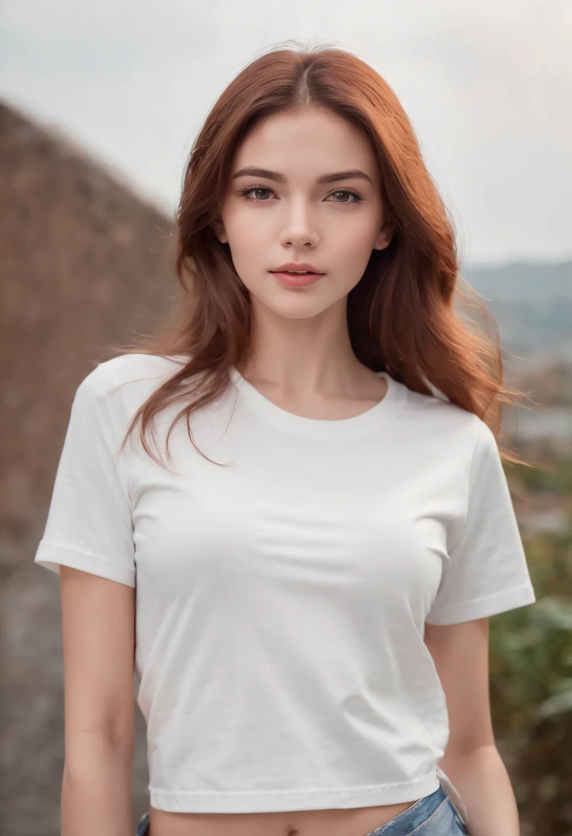 Full body Photograph of a tall, athletic, 18 year old girl, (toned physique:1.3) , wavy red-Brown hair, long hair, green eyes, (short white cropped tee shirt showing underboob:1.5) , abs, underboob, medium breasts, parkling and beautiful eyes, Symmetrical beautiful face, Cute and innocent face, without makeup, Unadorned, film grain, Dreamy photos, Concept photo, Emotional photography, Film Photography, photograph realistic, realisitic, Sharp focus, 14K, highly detaild, CG Society, ultra-definition, Very fine grain, Dusty photos, Grain Filter