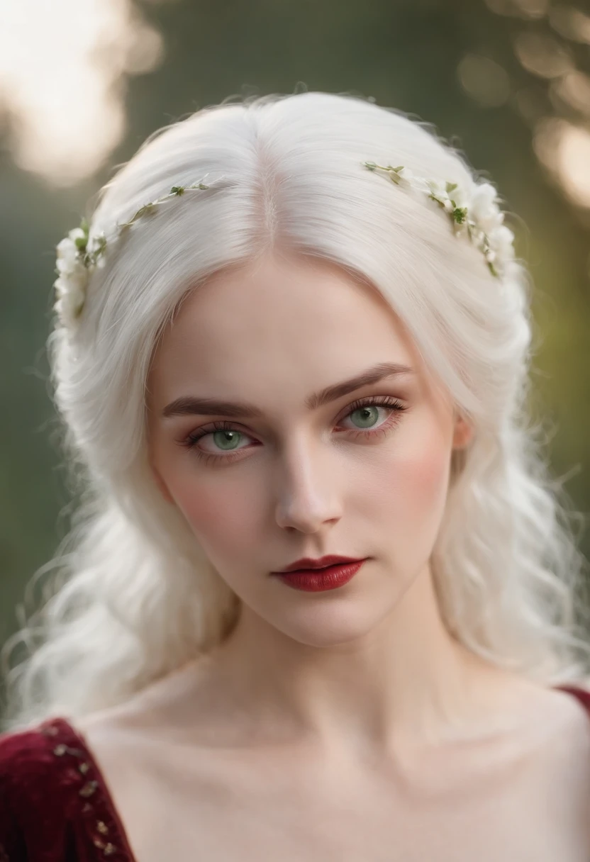 (((a deep reddish wound crosses her left cheek))) fair complexion, woman around 1, natural white hair, distinctive green eyes, wearing kohl, slender and graceful, beautiful, candlelight in a medieval setting, ultra sharp focus, realistic shot, medieval female clothes, tetradic colors (scar:1.4)