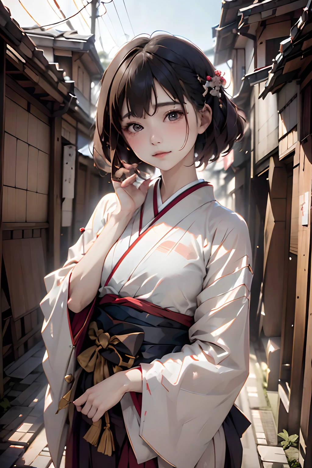Photorealsitic,Digital portrait of Japan short-haired woman, Beautiful face,hair messy,Convoluted, Cinematic, unreal enginee 5, a gorgeous, Incredible color grading, Kimono,Japanese dress,Hakama, Photography, cinematic photography, art by、ssmile