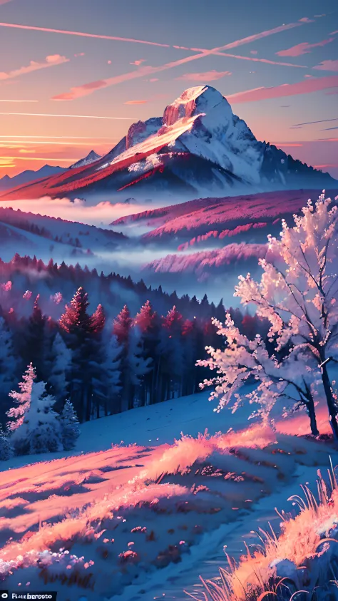 ((Masterpiece:1.4,Best quality)), nuage,  dehors
(montagnes), Spring clearing, paysage, ciel, hiver,
(Early morning:1.4),Rouge du matin, High detail, abondant, 8k, High detail, wallpaper,