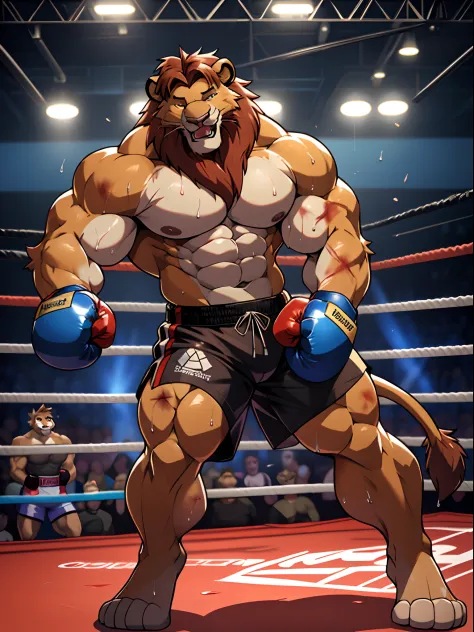 Lora:simba, full height. 4k, high resolution, best quality, posted on e621, solo, anthro body, male lion, adult, masculine, (skinny, strong pectorals, defined muscles, muscular shoulders), correct anatomy, (boxing ring background, gym background), (blurry ...