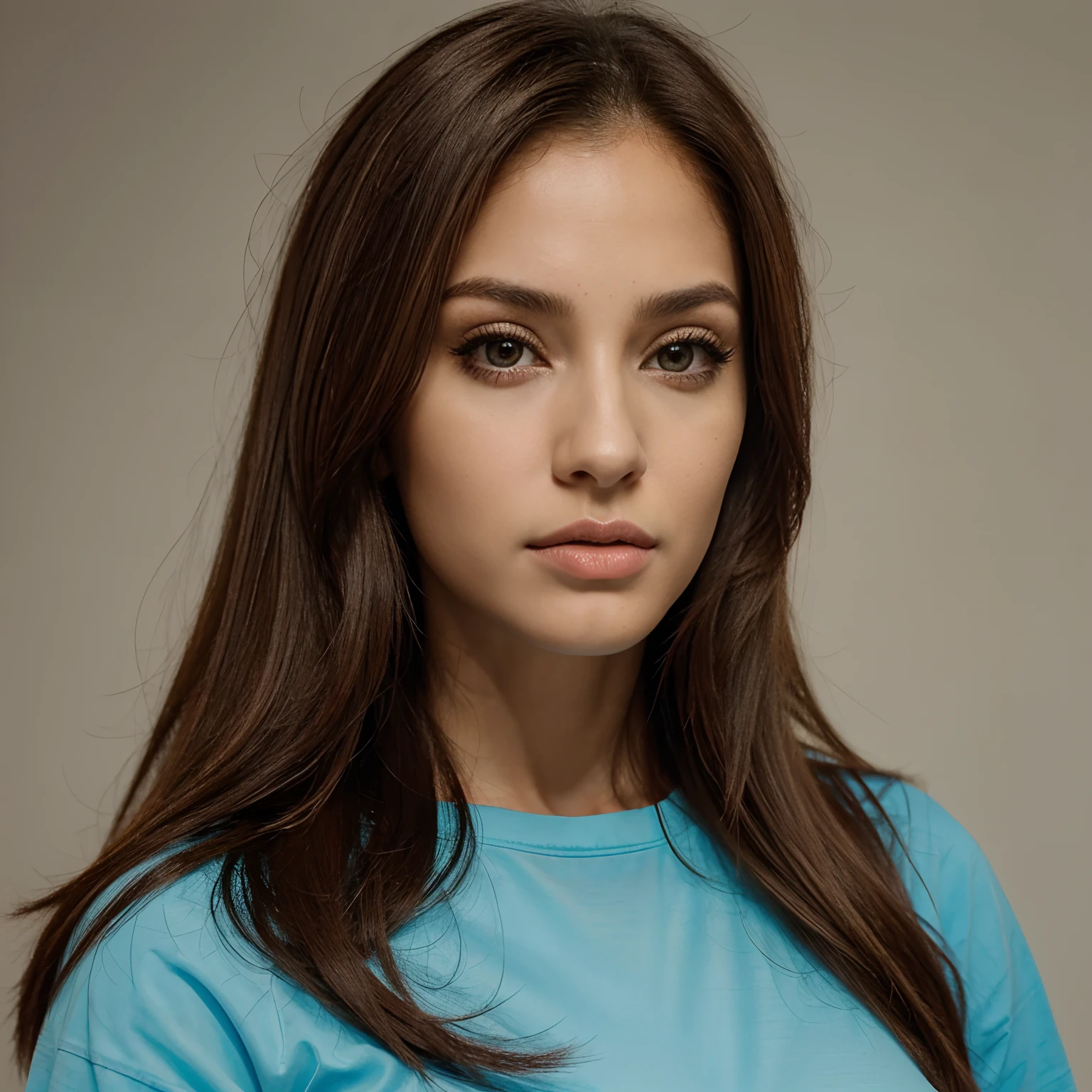 A close up of a woman with long hair wearing a blue shirt - SeaArt AI