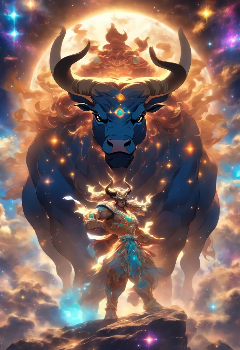 (((Cosmic Bull))) best quality, ultra-high resolution, 4K detailed CG, masterpiece,bull, Persian god, Persian mythology, aesthetic, Beautiful image, centered on screen, full body