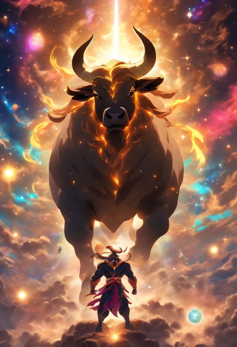 A man standing in front of a bull with a light beam above him - SeaArt AI