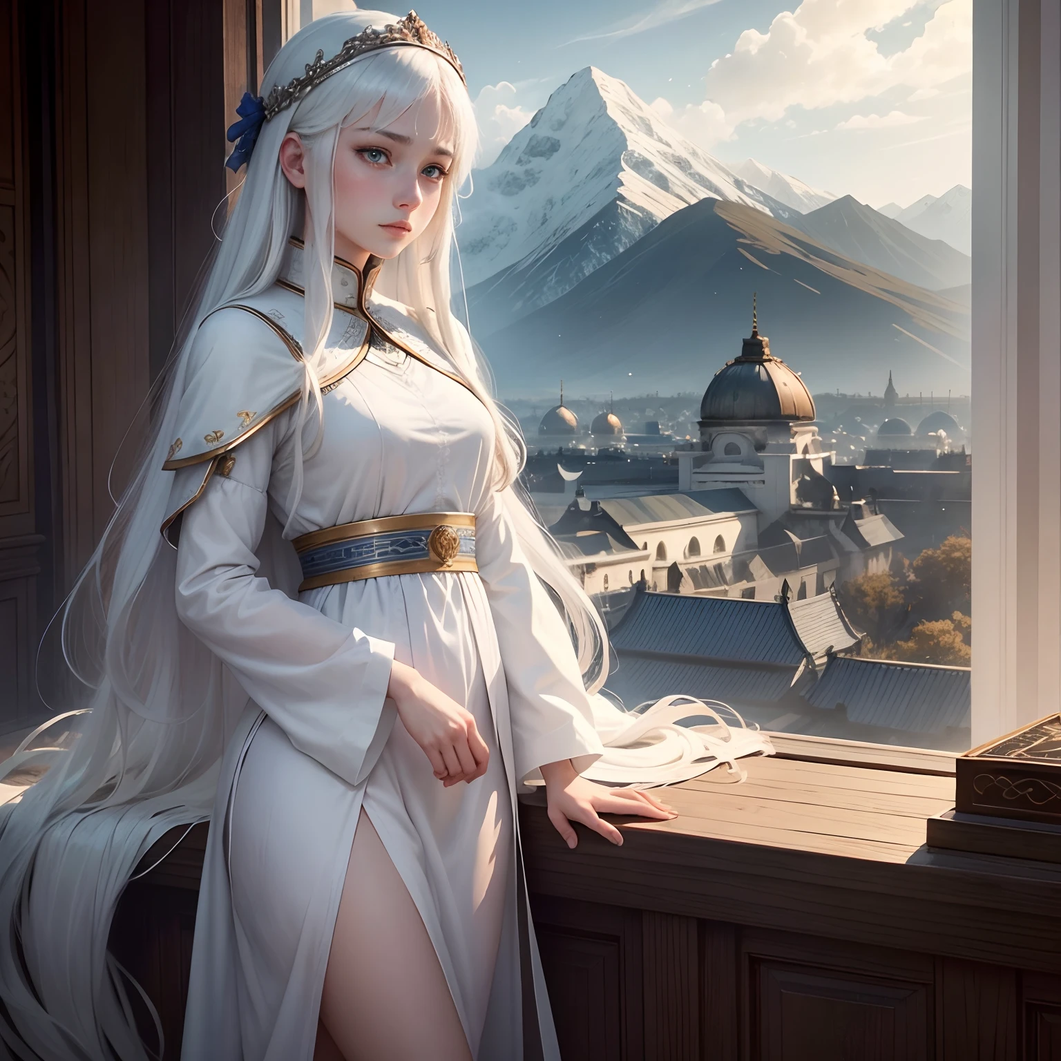 In the background are mountains, a beautiful girl name is Lisa, 18 year old  with blue eyes, long white hair, wearing a white tunic is sad - SeaArt AI