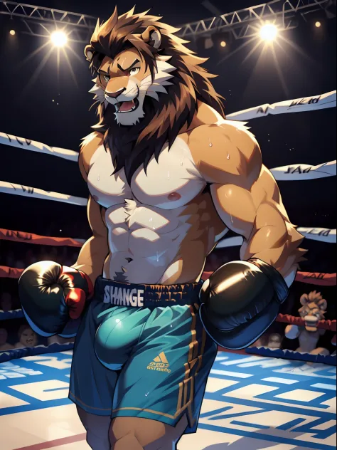 head:1.2 Lora:simba, (head close-up):2.2,  4k, high resolution, best quality, posted on e621, solo, anthro body, male lion, adult, masculine, slim:1.2, correct anatomy, (boxing ring background, gym background), (blurry background, out-of-focus background:1...