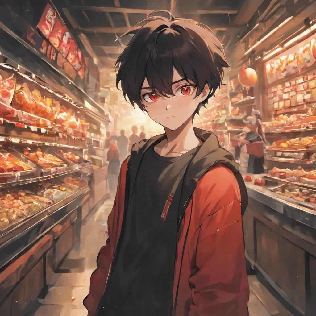 Anime boy in a grocery store with a lot of food - SeaArt AI