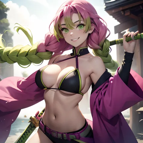 (Smile), The bikini, Japanese Katana Sword, Holding a sword in his hand,Gradient Hair, (Green eyes:1.5), Green hair, Mole under the eyes, multicolored hair, Pink hair, Twin braids, Two-tone hair, huge-breasted, Holding a sword,　Holding a sword, Slash with ...