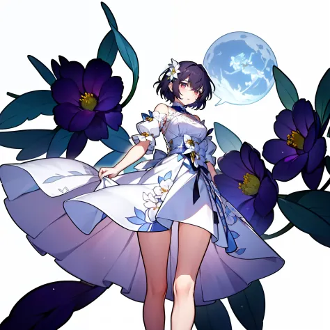 A girl with short hair, she has strings like a marionette, she has flowers in her hair and dresses in a simple white dress,simple white background