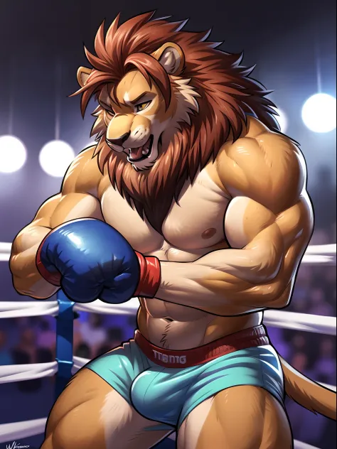 head:1.2 Lora:simba, (head close-up):2.2,  4k, high resolution, best quality, posted on e621, solo, anthro body, male lion, adult, masculine, slim:1.2, correct anatomy, (boxing ring background, gym background), (blurry background, out-of-focus background:1...