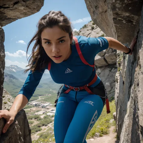 beautiful girl climbing,rock climbing,adventurous spirit,athletic body,strong determination,youthful energy,scenic outdoor setting,exhilarating experience,active lifestyle,safety gear,adrenaline rush,[vibrant colors],[dramatic lighting],[movement:1.1],[dyn...