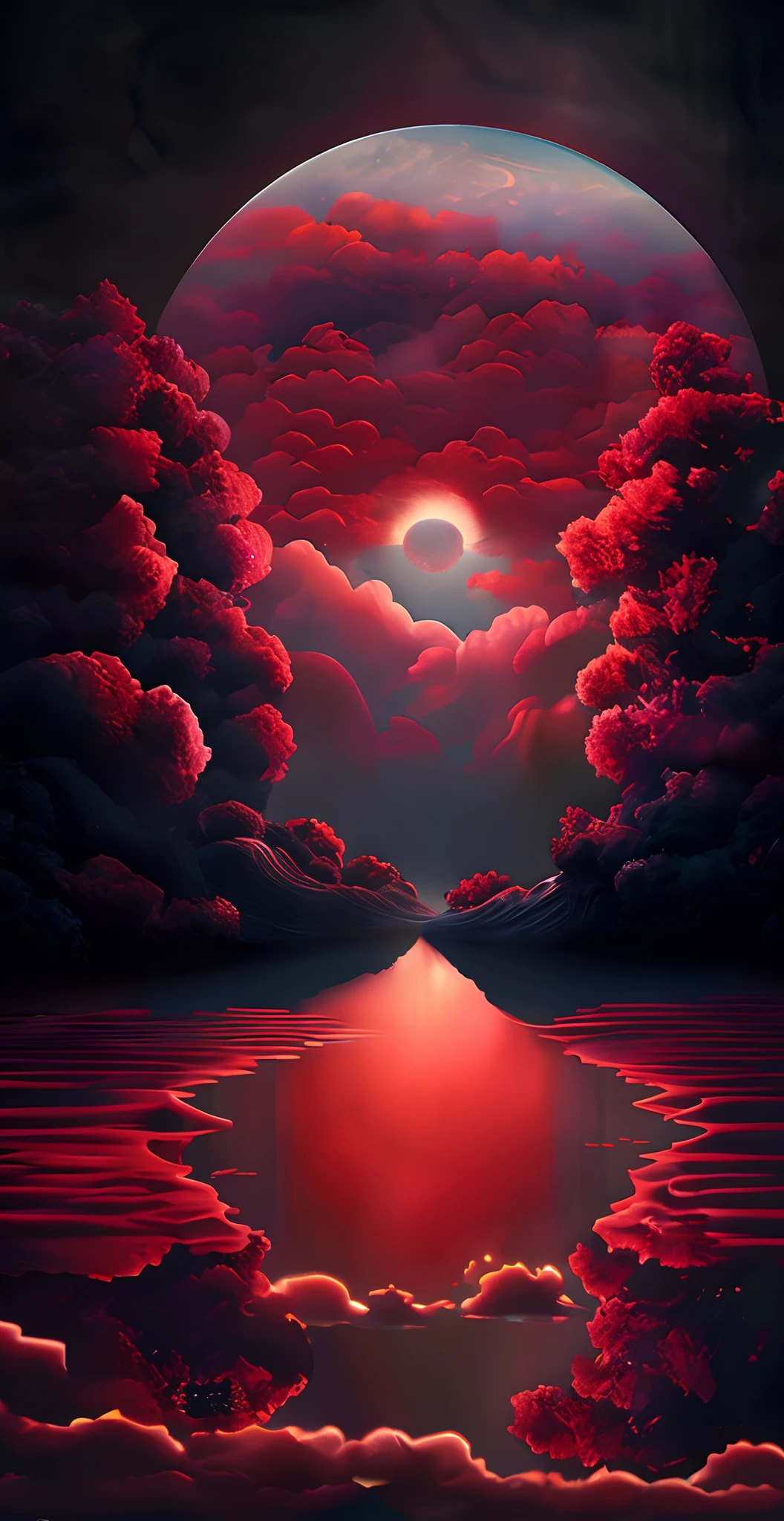 "Obra maestra surrealista. calidad excepcional. detalles sorprendentes. Surreal CG rendering of a dark red moon rising above a tranquil lake surrounded by red clouds, autoiluminado, Large area of clouds and fog in luminous tones, celestial lighting, Cosmic illumination, Experience the fusion of abstract and realistic elements. Colores vibrantes y contrastantes. Mysterious atmosphere. Surrealist technique in the representation of objects and figures. Organic textures and shapes. Dreamlike inspiration. Surprising composition and perspective. Adentrarse en un mundo surrealista lleno de sorpresas y emociones."