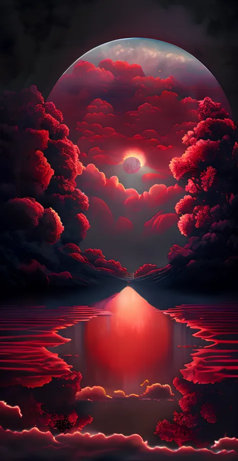 "Obra maestra surrealista. calidad excepcional. detalles sorprendentes. Surreal CG rendering of a dark red moon rising above a tranquil lake surrounded by red clouds, autoiluminado, Large area of clouds and fog in luminous tones, celestial lighting, Cosmic...