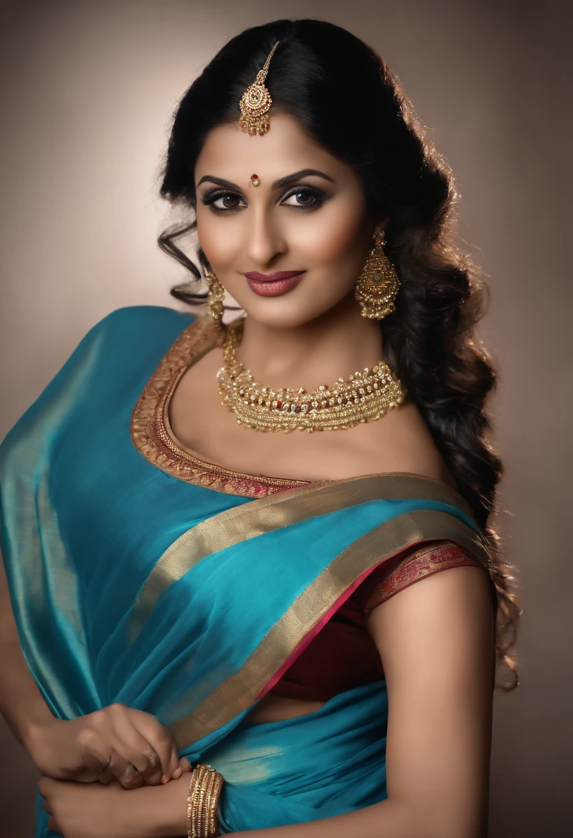 Anusha in a blue sari and gold jewellery - SeaArt AI