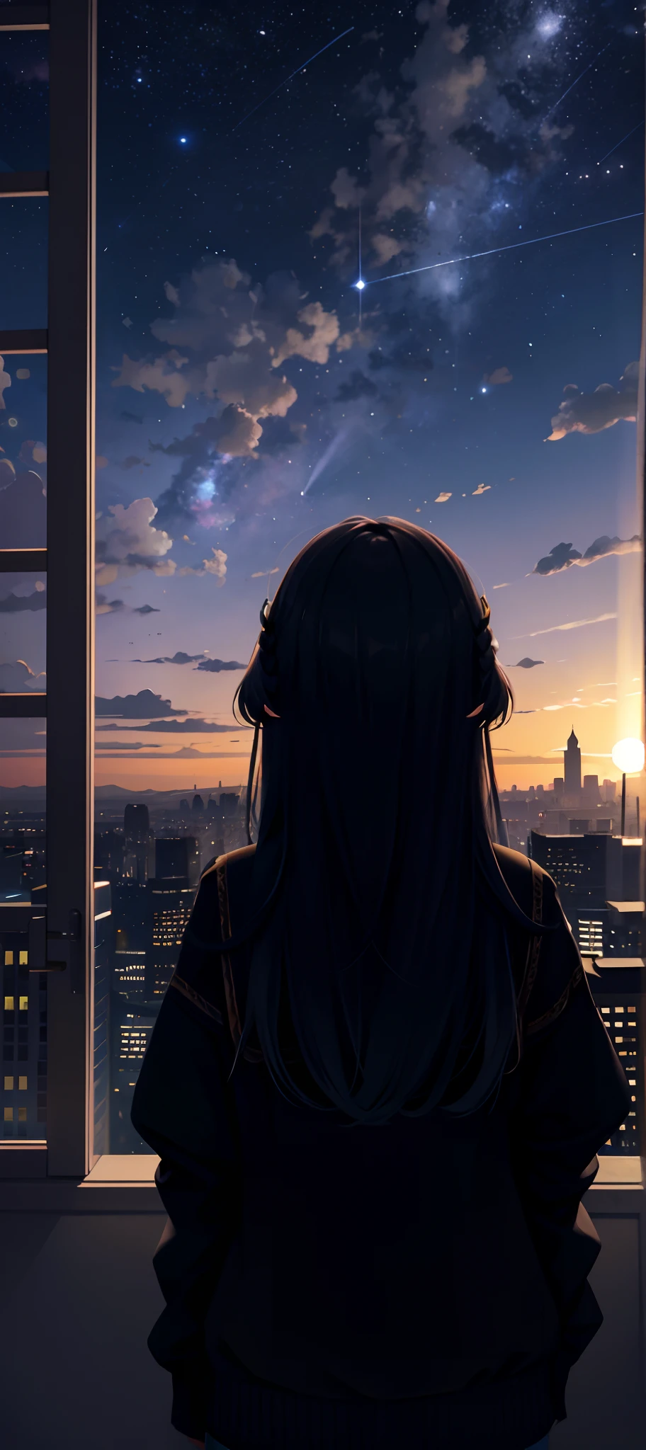 octans，Skysky，As estrelas（Skysky），scenecy，starrysky，the night，1girl，nigh sky，solo，exteriors，buliding，​​clouds，galactic，sitted，Back Shadow，Long hair，city，siluette，view over city，Contre-Jour