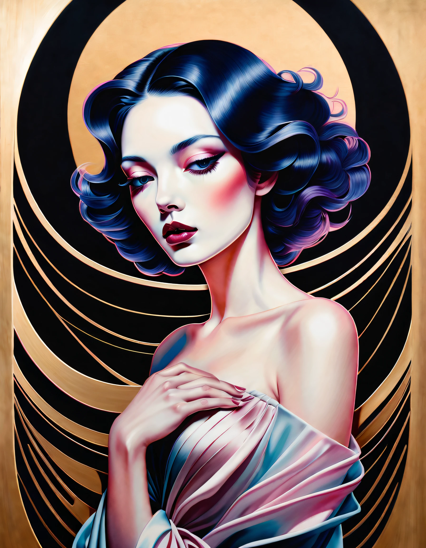 technique du clair-obscur sur l&#39;illustration sensuelle d&#39;une femme élégante, ancien ,soyeux et étrange, Peinture mate, par Hannah Dale, par Harumi Hironaka, couleurs extrêmement douces, vibrant, pastel, très détaillé, oeuvre numérique, Contraste élevé, Spectaculaire, raffiné, tonal, Nombre d&#39;or