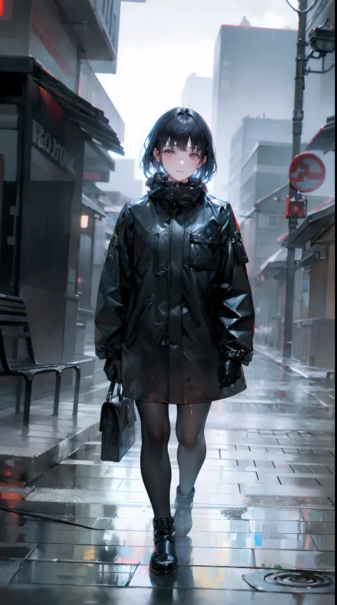 a desolate rainy city street, dark clouds looming overhead, empty winding alleys, broken streetlights, deserted buildings, people walking with heavy hearts, somber atmosphere, a lonely figure sitting on a wet bench, shadows engulfing the surroundings, a se...