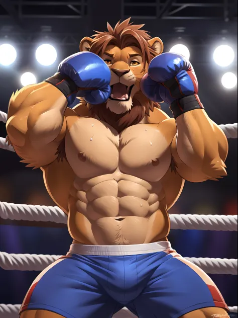 Lora:simba, (head close-up):2.2,  4k, high resolution, best quality, posted on e621, solo, anthro body, male lion, adult, masculine, slim:1.2, correct anatomy, (boxing ring background, gym background), (blurry background, out-of-focus background:1.2), (by ...