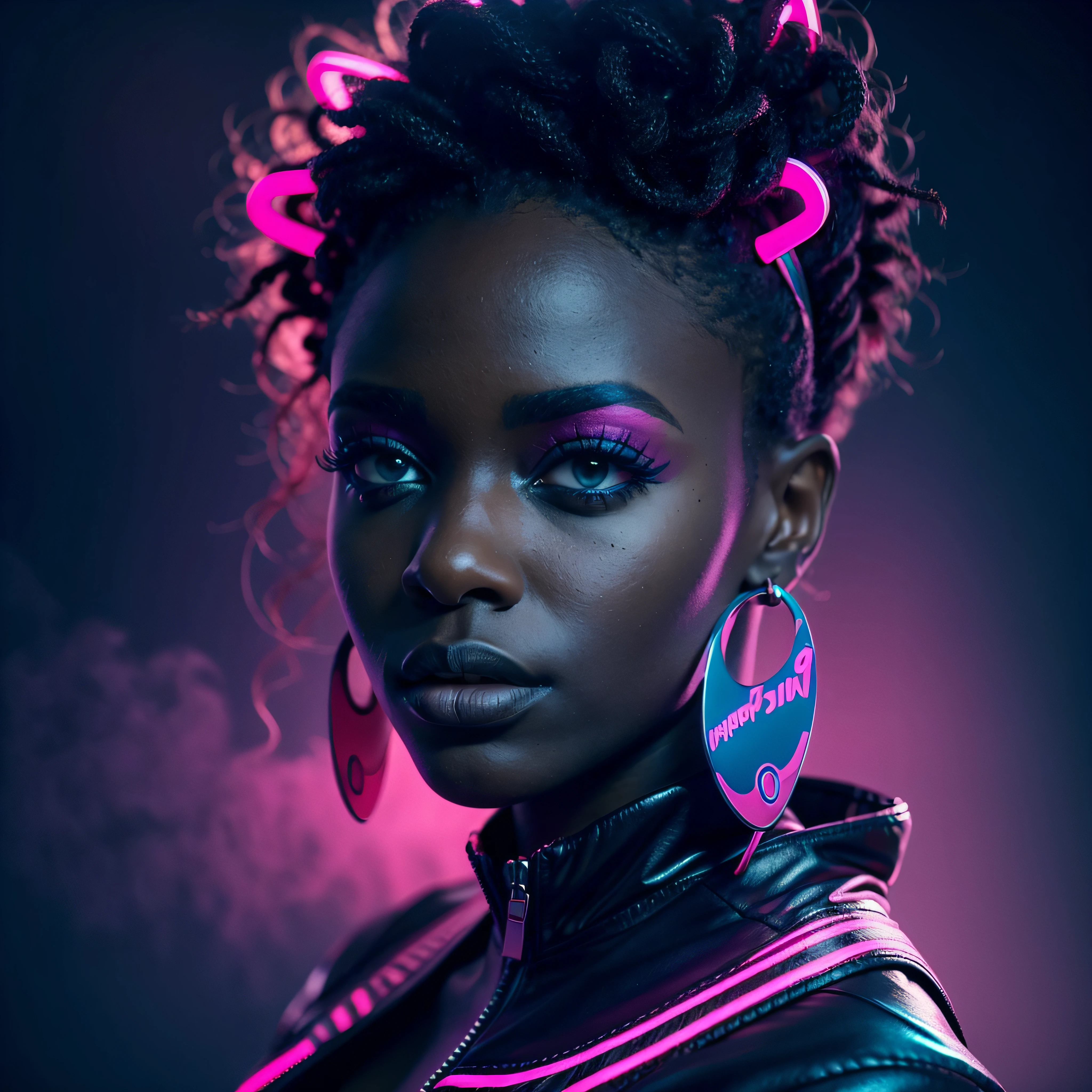 Uma linda mulher negra africana com iluminação neon azul suave, com um olhar severo, em um cenário rosa vívido, cercado por uma misteriosa atmosfera nebulosa