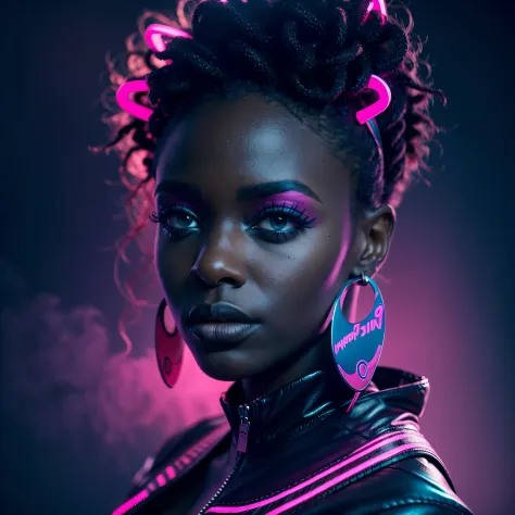 A beautiful black african woman in soft blue neon lighting, with a stern look, set against a vivid pink backdrop, surrounded by ...