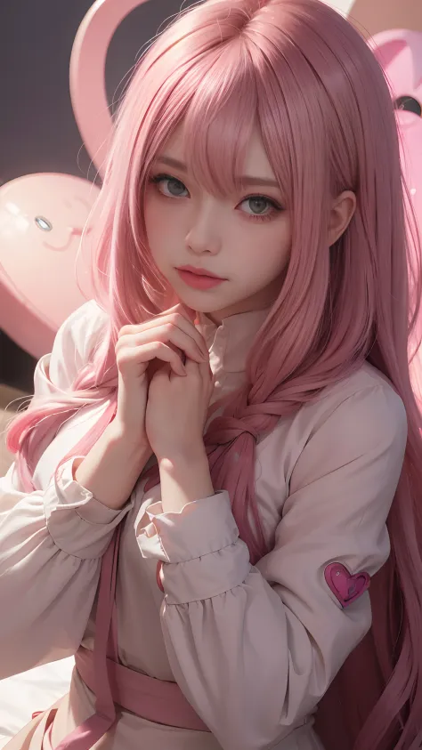 striated hair,A pink-haired, Mole under the eyes, mole under mouth, Heart-shaped pupil, longeyelashes, Pink eyes, Heart-shaped choca, ear blush, nose blush,Anime style, Color Field Painting, Ray tracing, bloom, One-person viewpoint, nffsw, awardwinning, 16...