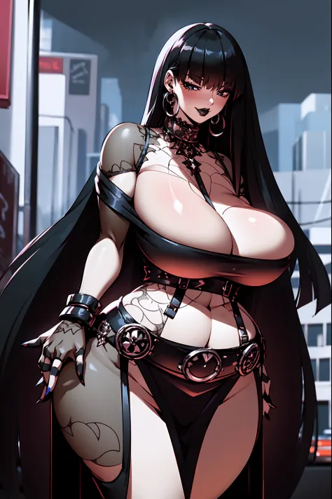 gothic, milf, huge breast, thicc, black hair, blacklipstic,, standing, solo