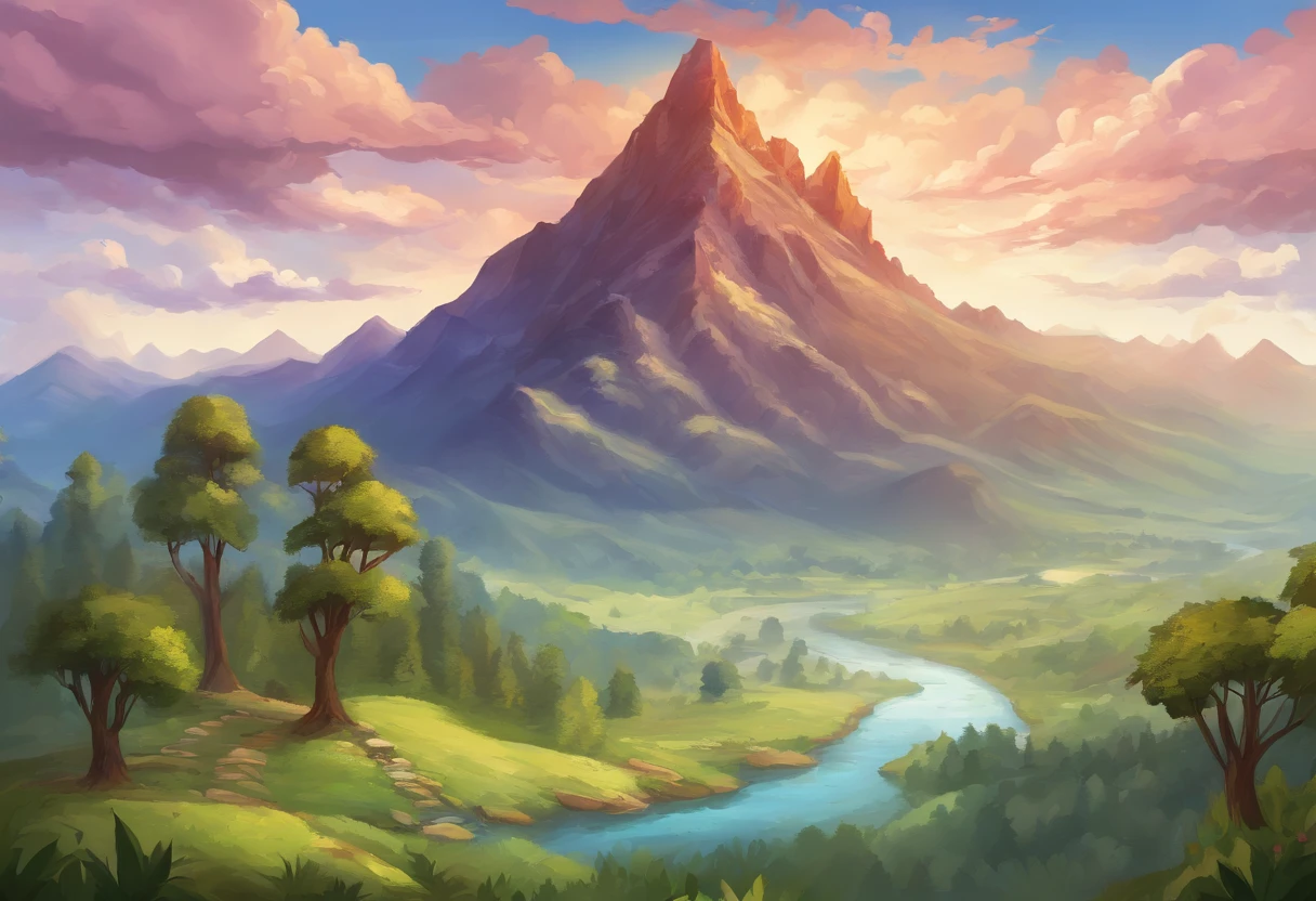 Mountain with beautiful view of the continent full of hills and trees with a giant tree that reaches to the heavens and with a river around it