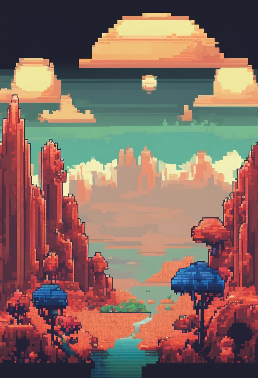 Pixel art of a landscape with a river and mountains - SeaArt AI