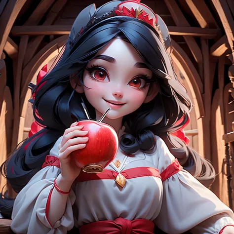 masterpiece, best quality, detailed face, bright eyes, large eyelashes, detailed nose, a SnowWhite (disney), big smile, black ha...