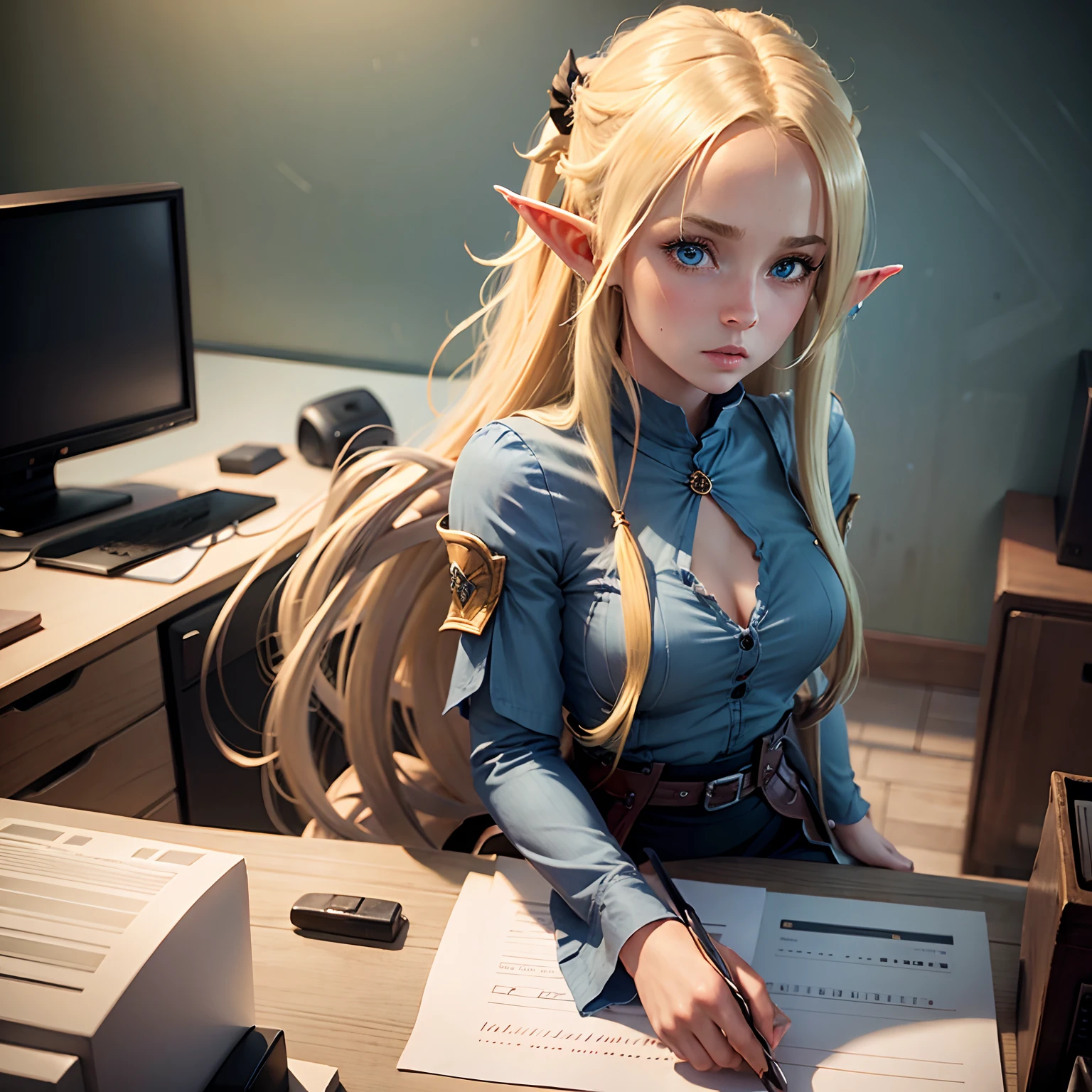 Young blonde elf girl with long hair and blue eyes, Work at the desk, Talking to an Orc in the Office.