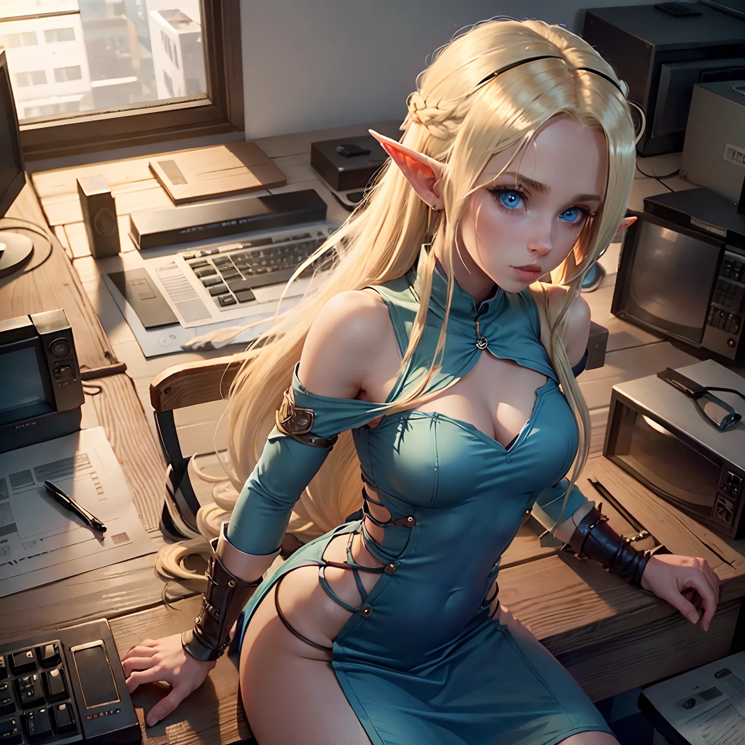 Young blonde elf girl with long hair and blue eyes, Work at the desk, Talking to an Orc in the Office.