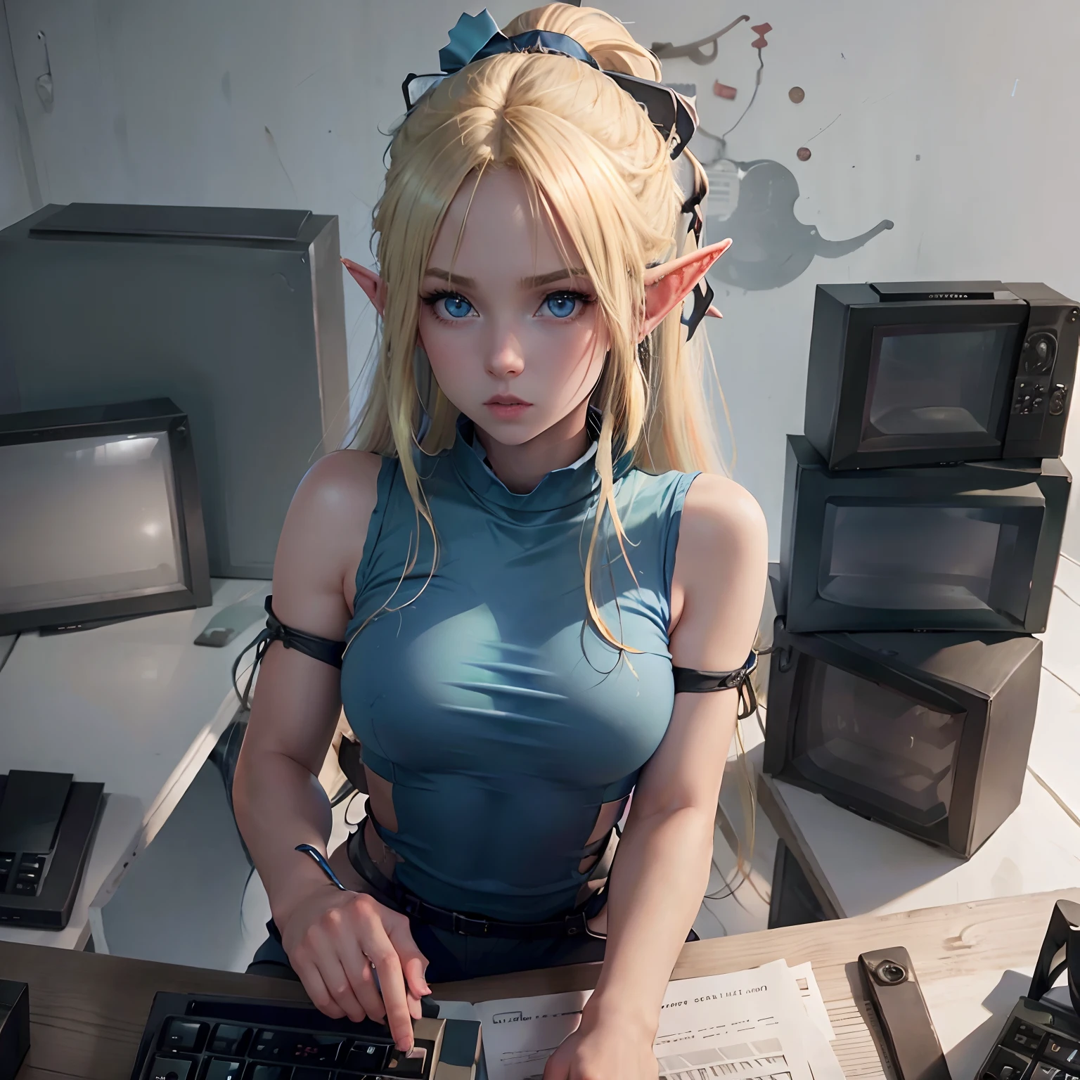 Young blonde elf girl with long hair and blue eyes, Work at the desk, Talking to an Orc in the Office.