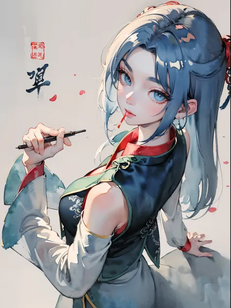 (((((((Chinese ink painting，watercolor paiting，ancient chinese costume,princess shoulders knots,very long sleeves,creamy blue hair,fur cuffs,fingers from mouth grey vest)))))))，((1lady,adorable korean mixed race of Saudi Arabia girl，rosto magro，Solo,))(Mas...