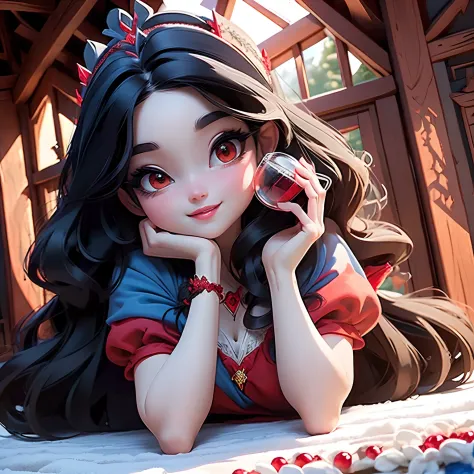 masterpiece, best quality, detailed face, bright eyes, large eyelashes, detailed nose, a snowwhite (disney) smiling, black hair,...