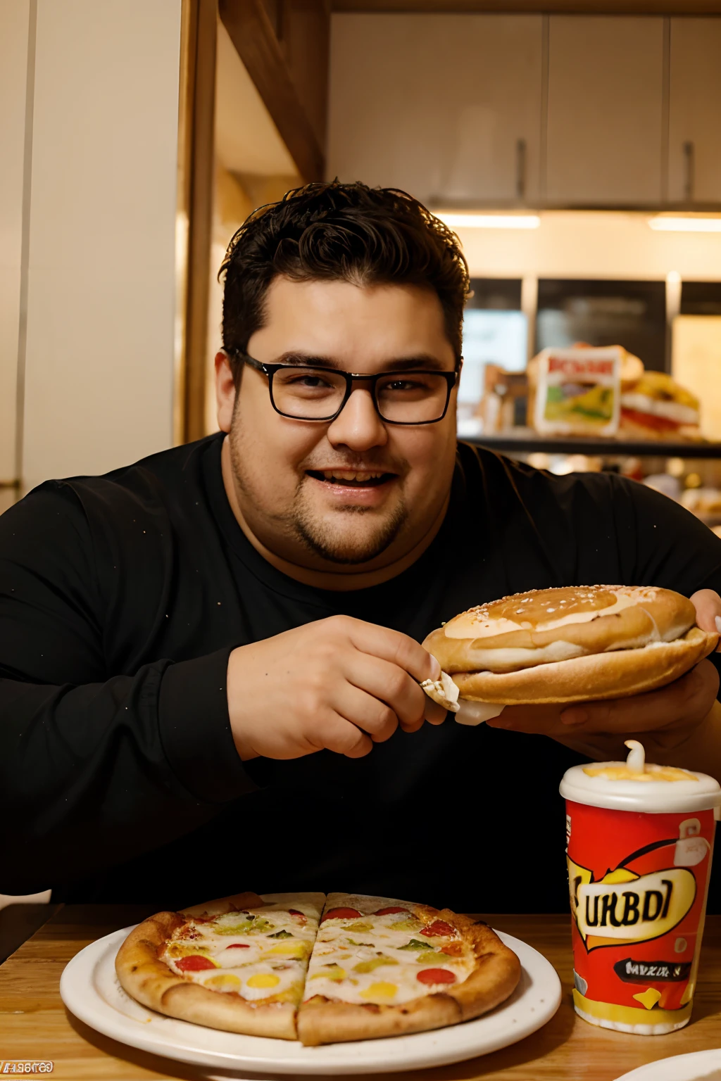 Arafed man eating a hot dog and a pizza at a table - SeaArt AI