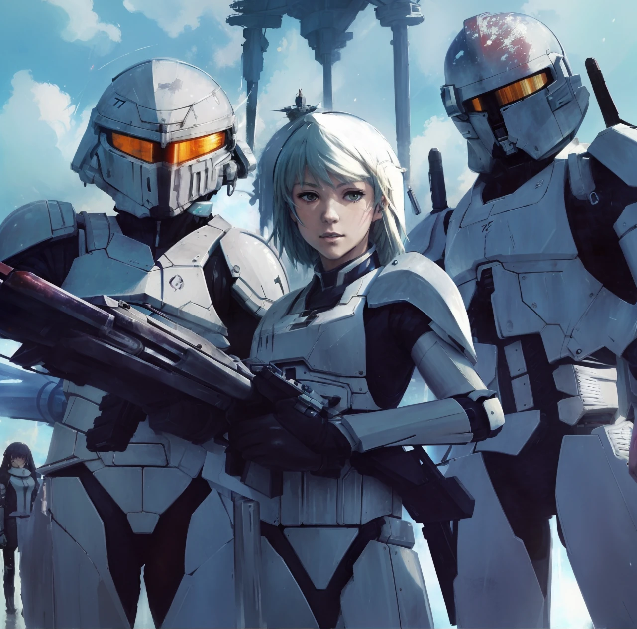 um grupo de pessoas em armadura de pé um ao lado do outro, modern sci-fi anime, ayanami, Dirigido por: Yoshiyuki Tomino, sci fi anime, sci fi anime, Oficiais imperiais em branco, inspirado em Yoshiyuki Tomino, Anime mecha moderno, militares imperiais, estética de mecha de anime, em um gundam, arte promocional, Cushart Kenz