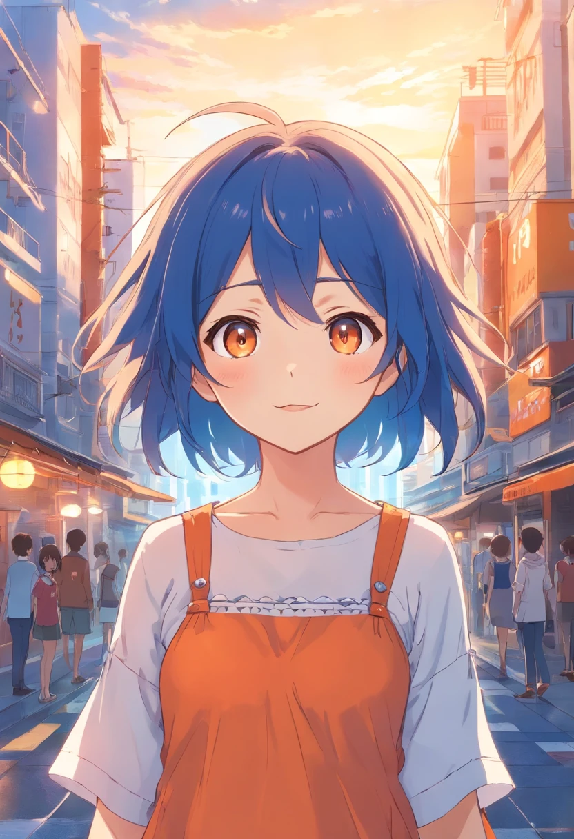 A woman with blue hair and an orange dress stands in a crowded street -  SeaArt AI