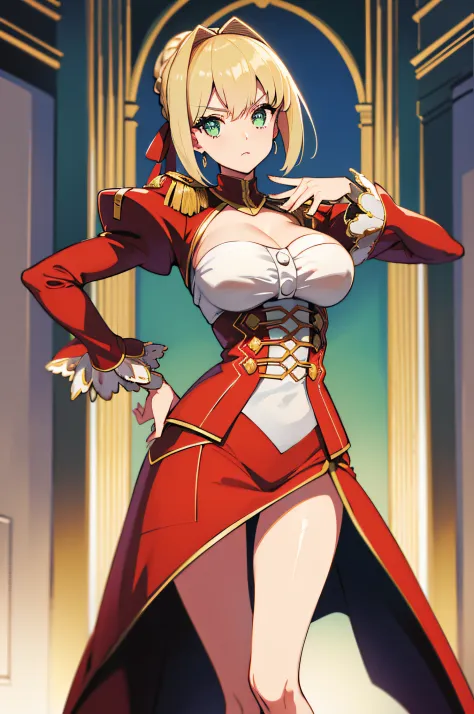 nero claudius, fate, peitos enormes, coxa grande, (pele brilahnte suado: 1.4 ), absurdo, roupa de academia, olho para o espectad...