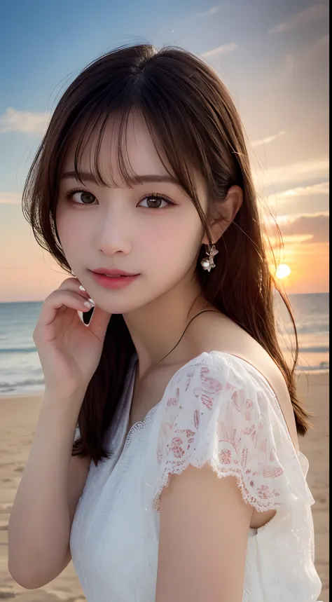 masutepiece, Best Quality, Illustration, Ultra-detailed, finely detail, hight resolution, 8K Wallpaper, Perfect dynamic composition, Beautiful detailed eyes, Wear a dress, Natural Color Lip,Beach, Random and cute poses, Kissing face,Close your eyes,Face Ki...