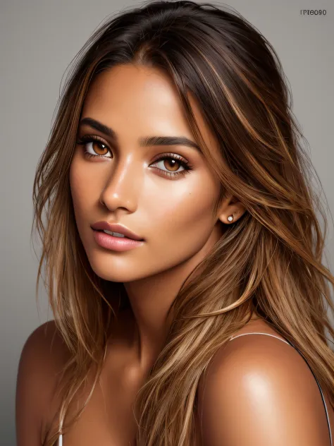 A photorealistic portrait of a stunningly beautiful tanned Brazilian female supermodel with light make-up, photo for the cover o...